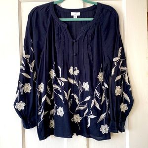J. Jill Navy Embroidered Blouse PM